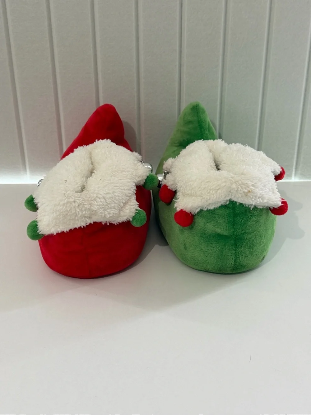 Kids Holiday Elf Slipper Pair - Red & Green with Faux Fur Trim